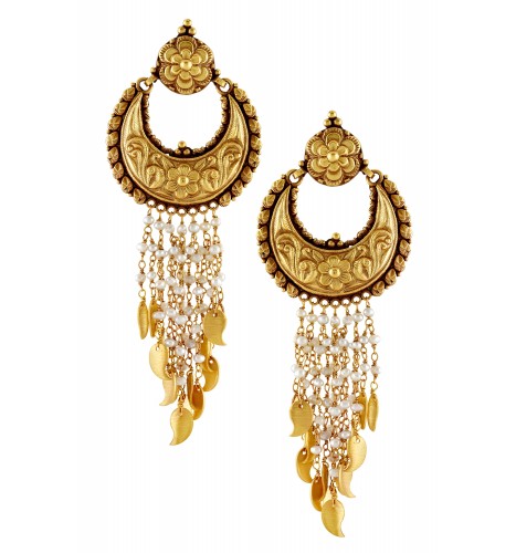 Silver Gold Plated Traditional Floral Pearl Paisley Hanging Earrings