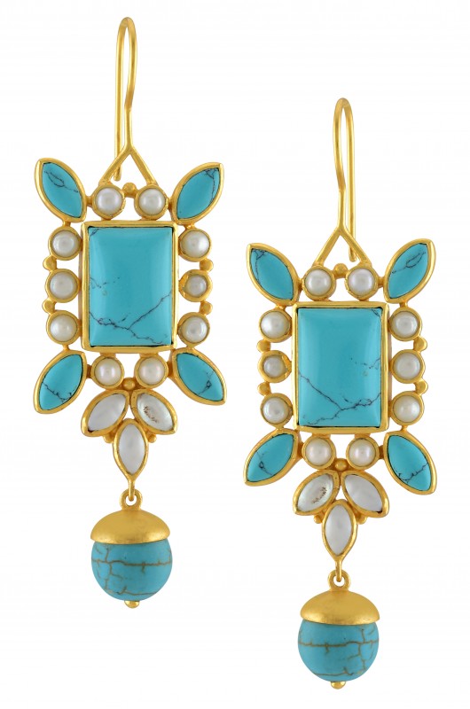 Silver Gold Plated Pearl Fl Turquoise Drop Earrings