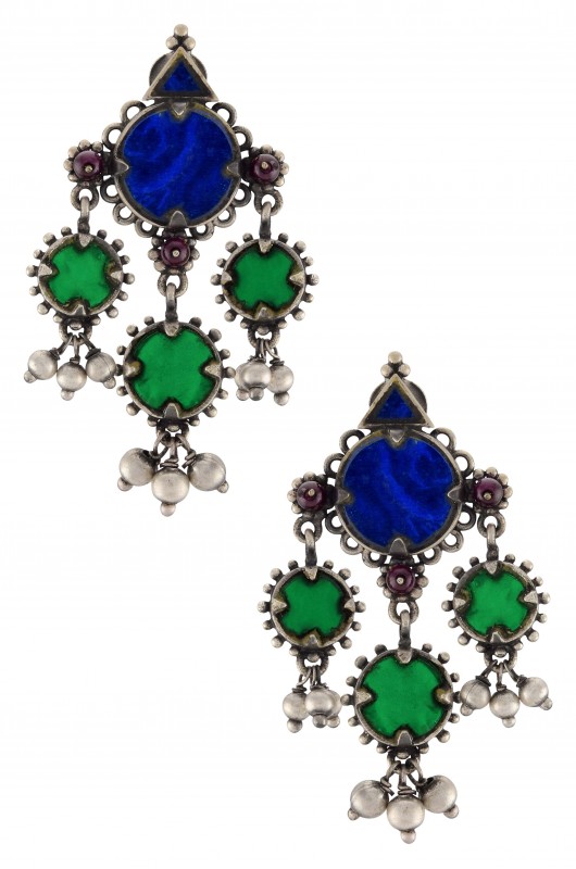 Silver Plated Blue Green Gl Ball Drop Rawa Earrings