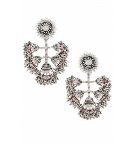 Silver Oxidised Ball Drop Clusters Floral Mirror Earrings